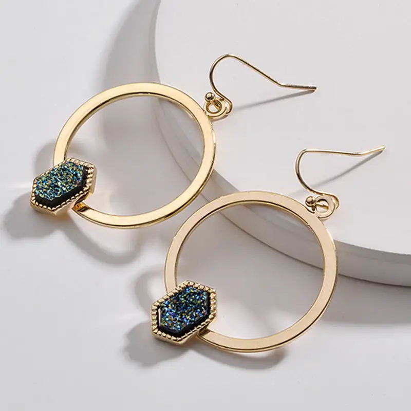 

ZWPON 2018 New Gold Geometric Circle Hexagonal Druzy Earrings for Women