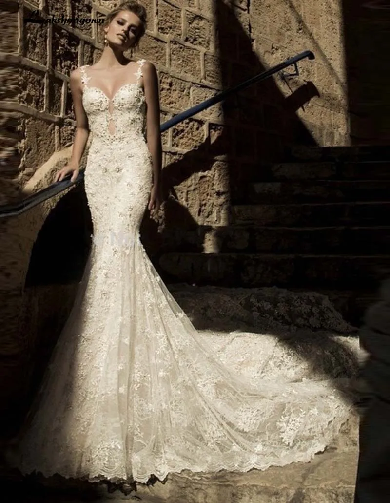 Fashionable Bridal Gowns Pearls Beaded Sweetheart Backless Lace Mermaid font b Wedding b font font b