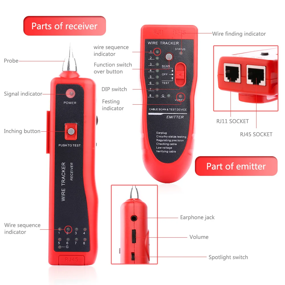 شبكة إيثرنت محلية كابل اختبار UTP STP RJ11 RJ45 Cat5 Cat6 سلك الهاتف الراسم المقتفي الحبر كاشف خط مكتشف