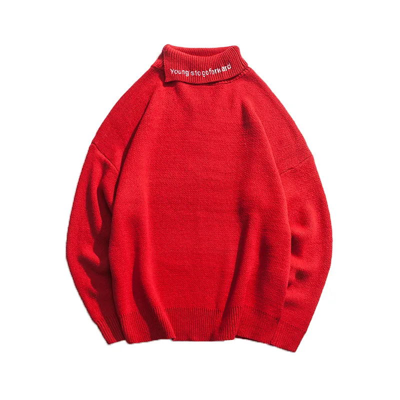 Fall Winter Harajuku Embroidery Letters Knitted Turtleneck Sweater for Men Cool Boys Knit High Neck Pullover Jumper Plus Size