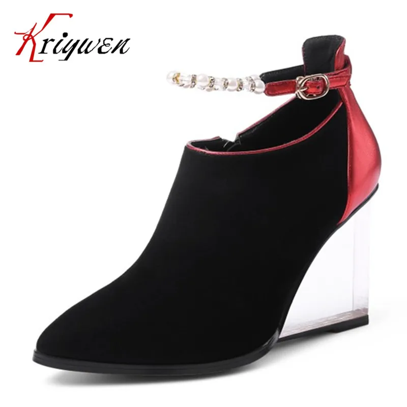 

2017 Spring suede crystal heeled pumps for office career lady pointed toe wedges fashion string bead women shoes big size 33-42