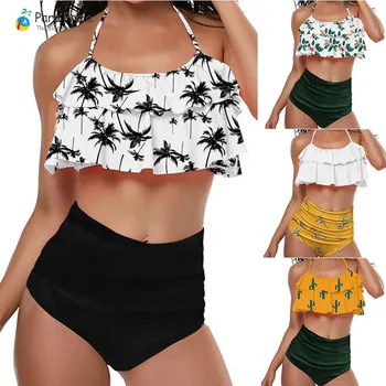 

2020 Palm Tree Push up Bikini Set Women Helter Ruffle Swimwear Sexy Off Shoulder High Waist Swimsuit Women Beach Bathing Suit