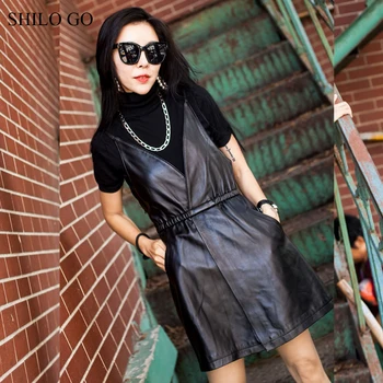 

SHILO GO Leather Dress Womens Summer Fashion sheepskin genuine leather Dress spaghetti strap stretch waist open up Casual dress