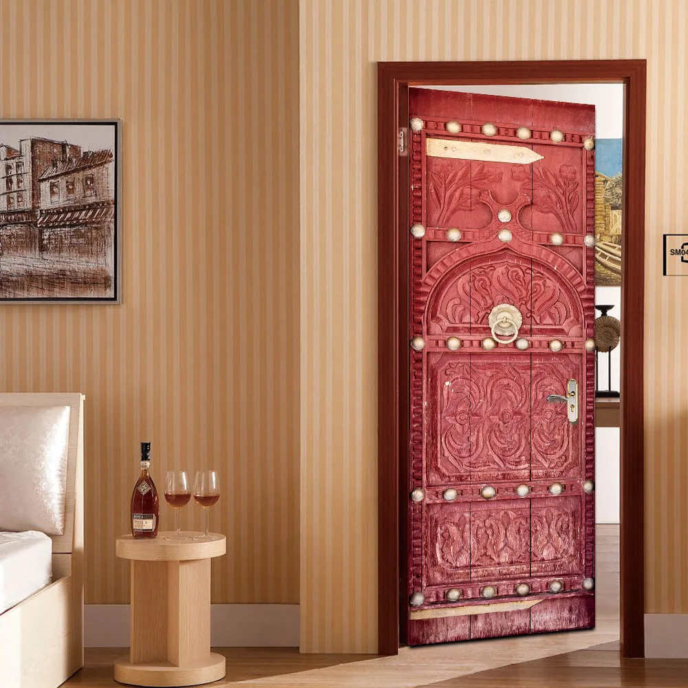 2 шт./компл. 3D средневековый Ретро стиль алые двери искусство украшения стен стикер домашний Декор Спальня ПВХ съемные обои плакат