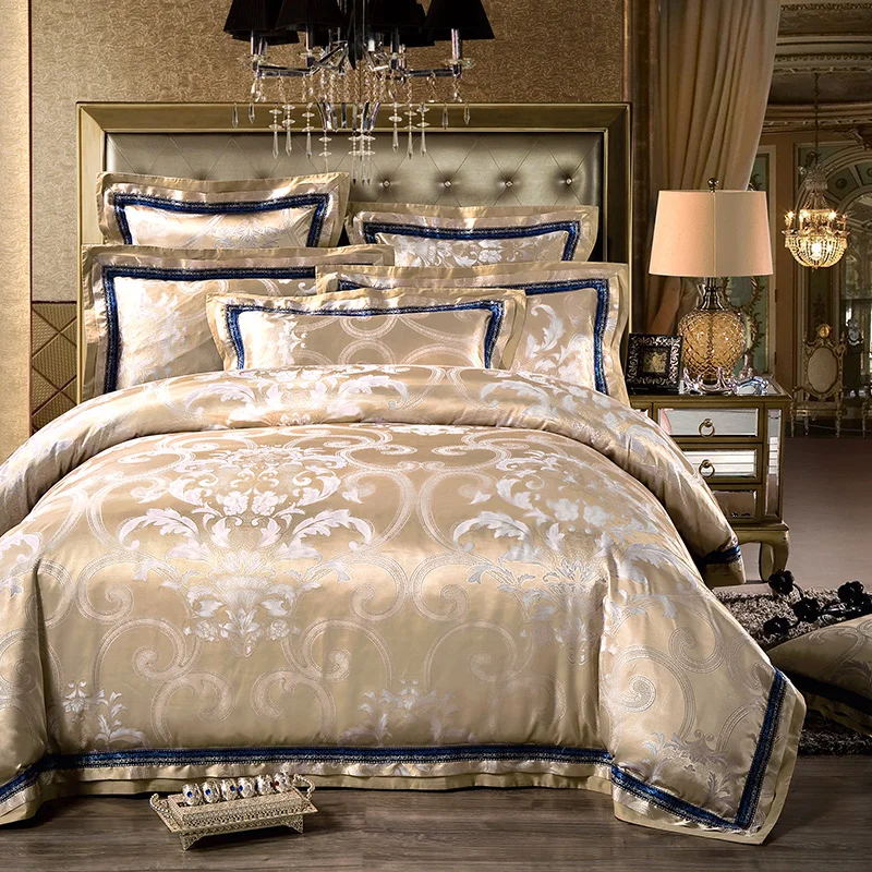No 11 20 Gray Gold Jacquard Bedding Sets 6pc 4pc Queen King Size