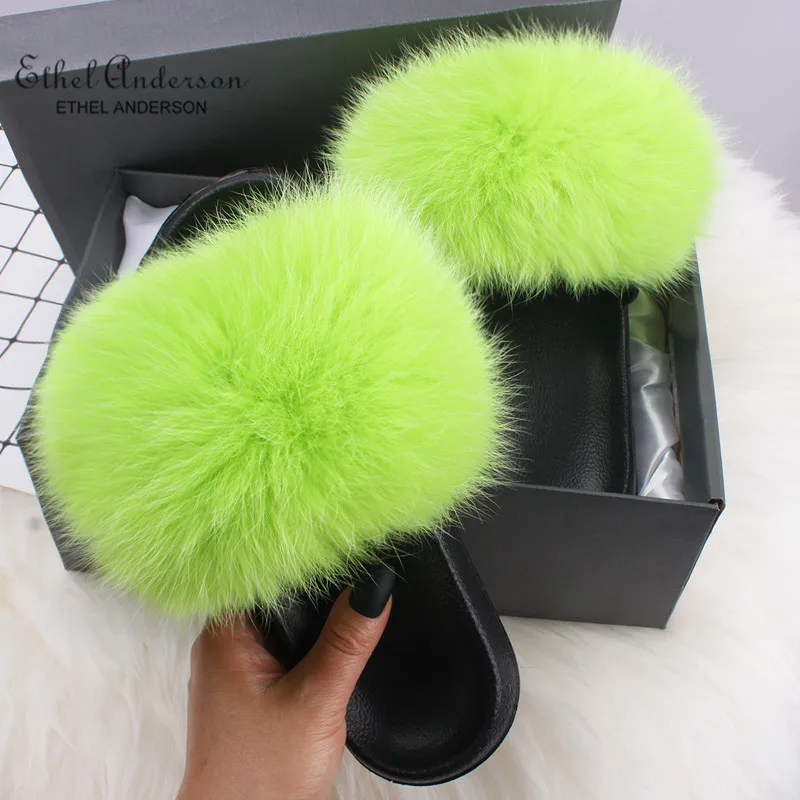 Top Selling Real Fur Slippers Slides Women Summer Plush Fox Flip Flops Holiday Fluffy Raccoon Fur Sandals Shoes - Цвет: Apple Green Fox Fur