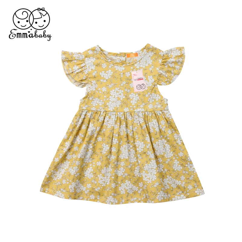 

Emmababy Toddler Kids Baby Girls Dress Party Princess Yellow Floral Fly Sleeve Summer Dresses Children Outfit Sundress Clothes