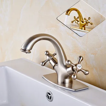 

High Quality Golden Chrome Basin Sink Bathroom Mixer Faucet Deck Mount Hot and Cold Water Taps With Cover Hole Plate