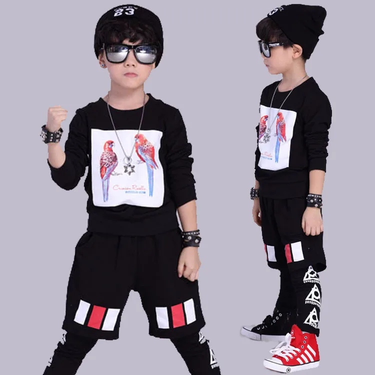 Teen Boys Clothing Set 2017 Spring Autumn Black Long Sleeve Top Pant