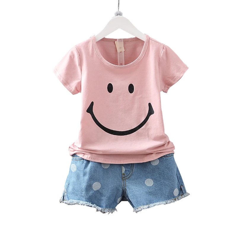 

Summer Style Baby Girl Children Clothes Sets Short Sleeve Smile Casual T-shirt + Dot Denim Shorts 2pcs Fashion Baby Clothes