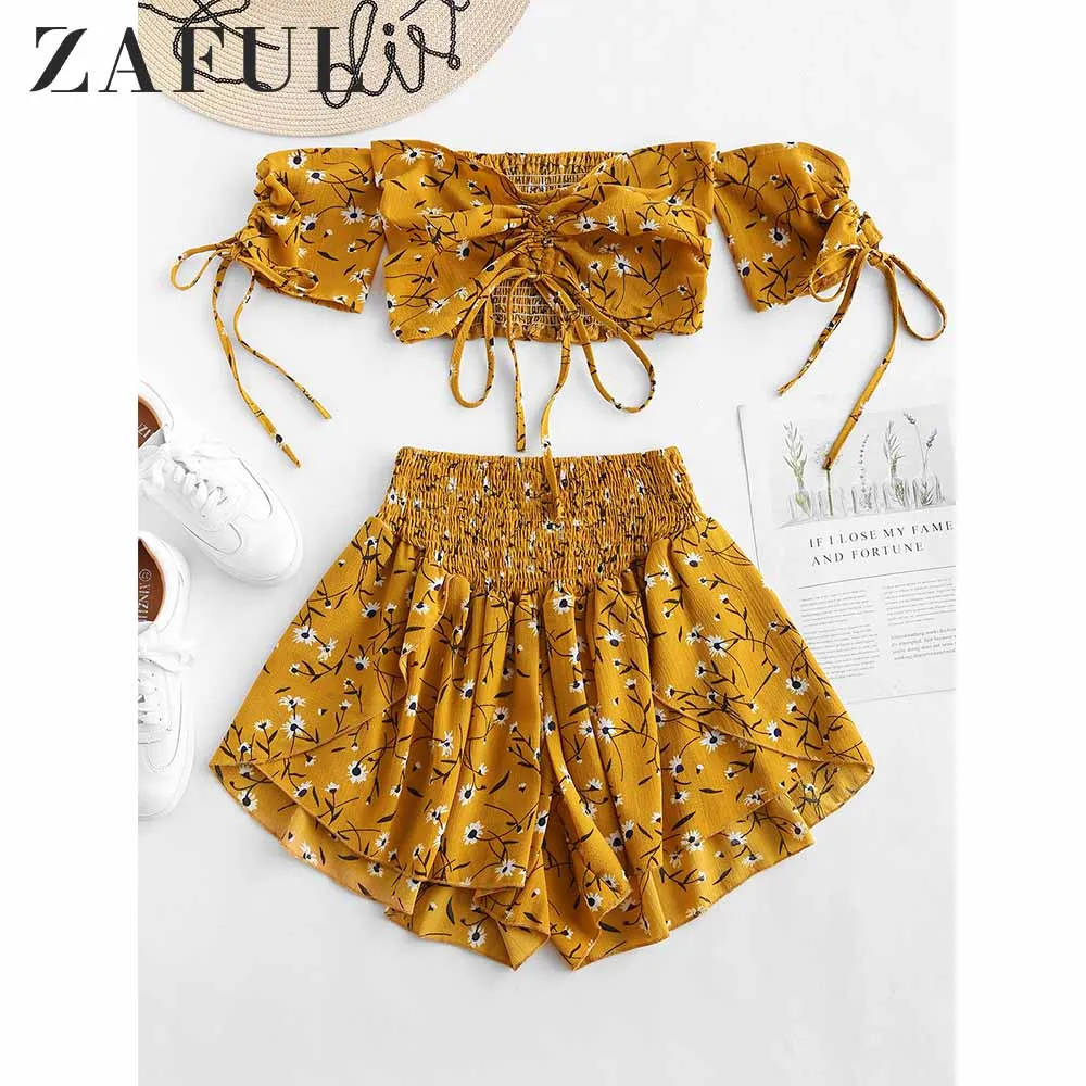 

ZAFUL Boho Suit Women Set Summer Fashion Beach Cinched Floral Print Top And Shorts Set Two Piece Set 2019 New Ladies Clothes