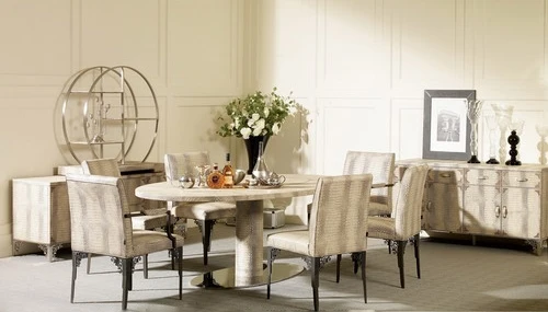 Обеденный стол из нержавеющей стали с набор столовой с 6 стульев, кожа столешницы современников, вино обеденный стороне шкафа/кожа