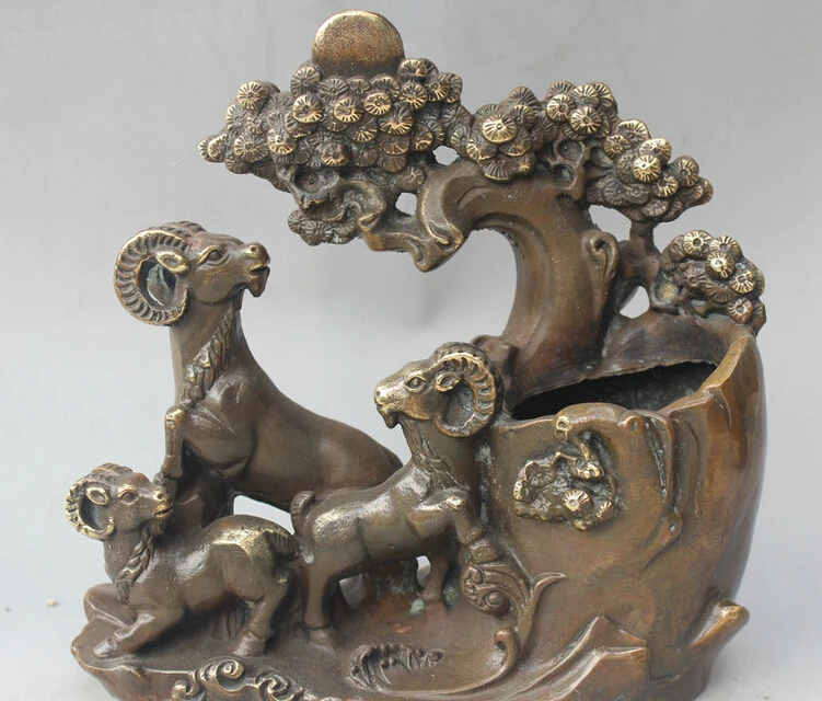 

150610 S1424 8" Chinese Copper tree Zodiac Year three Sheep Goat Statue Brush Pot pencil vase