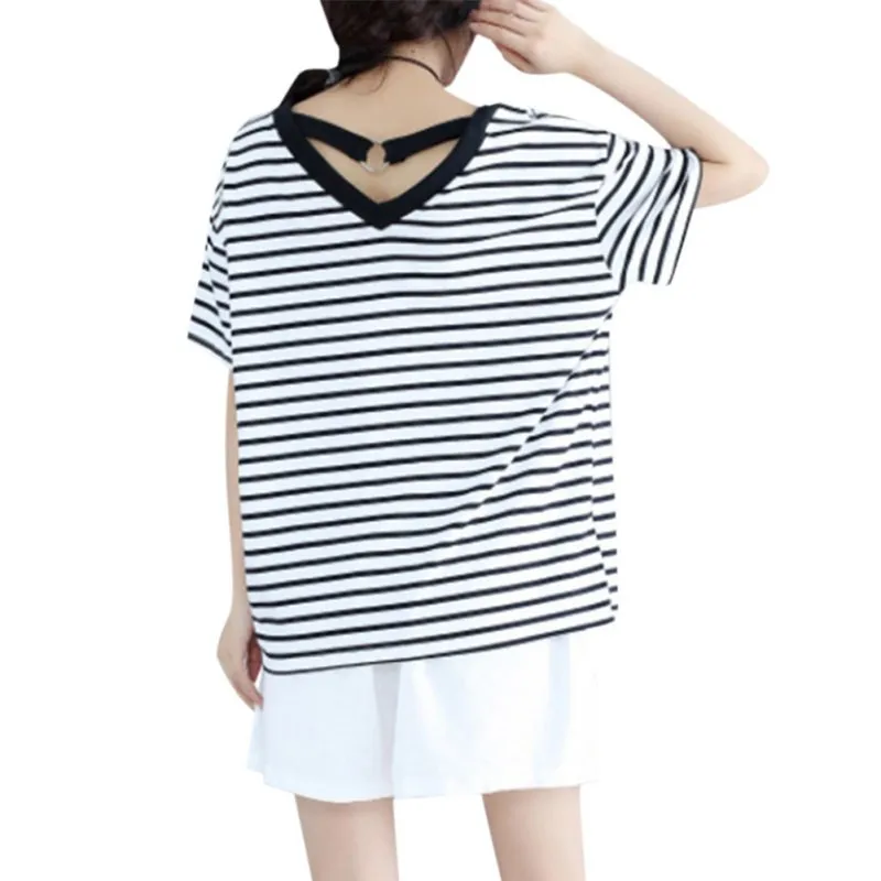 

Women Summer Casual Short Sleeve Cotton and Linen T Shirt 2019 V-neck Striped Female Tshirts Fashion Versatile T Shirt Women