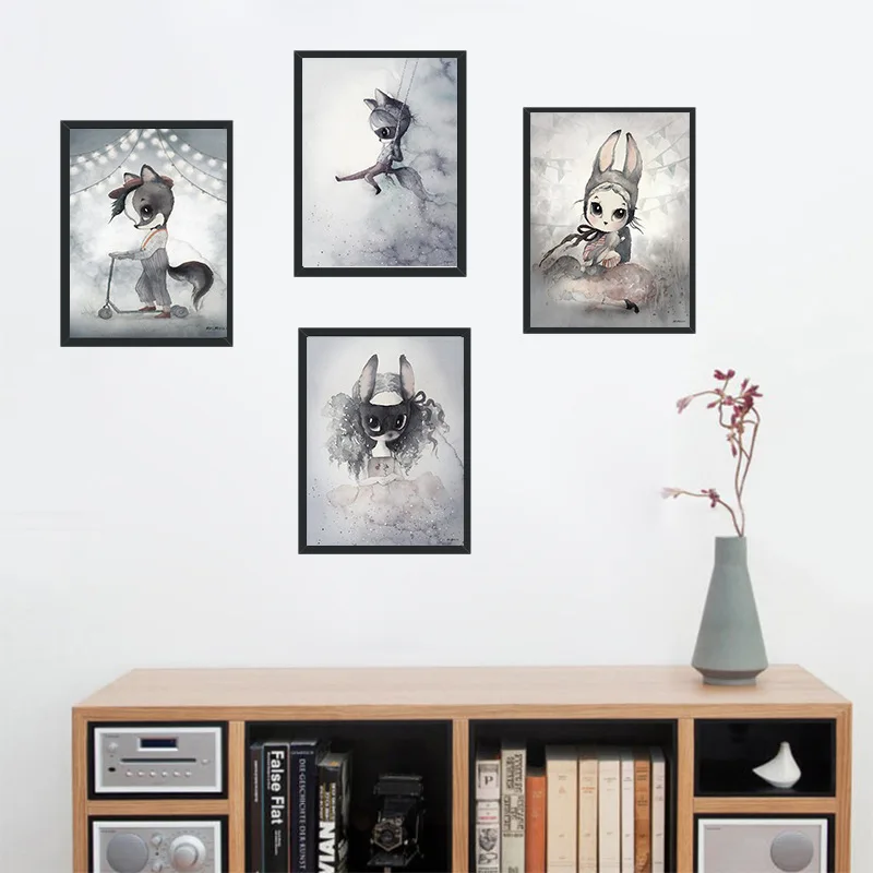 Cartoon-Animal-Hand-Painted-Bunny-Canvas-Painting-Printed-Walls-Nordic-Abstract-Poster-Style-Children-s-Bedroom