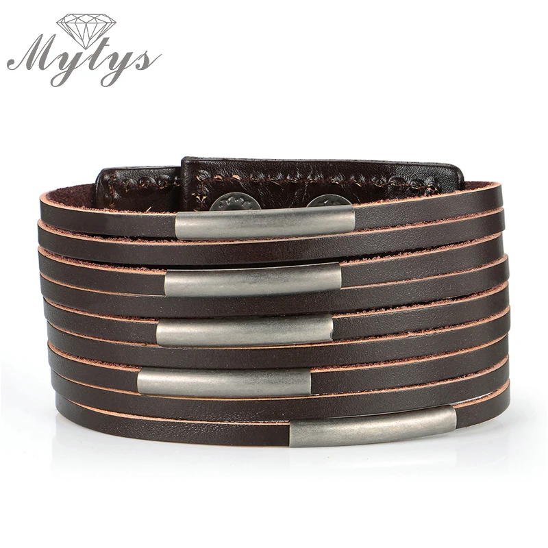 Mytys Vintage Trendy Leather Bangles for Men Multi Layers Bracelet Man