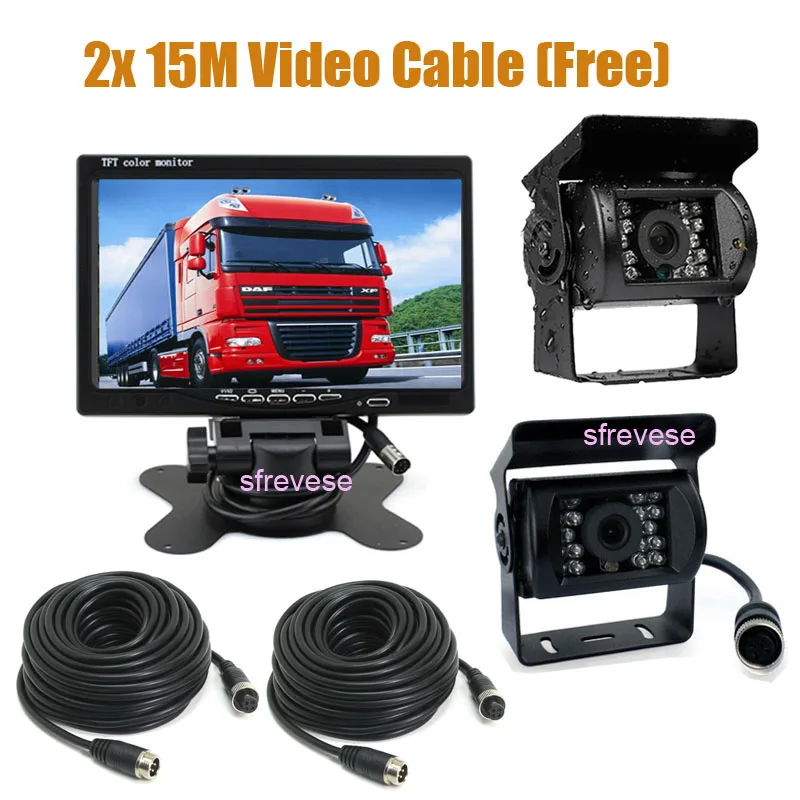 

12V-24V 4Pin Car Rear View Kit 7" LCD Monitor + 2x CCD IR Night Vision Waterproof Reversing Parking Backup Camera For Bus Truck