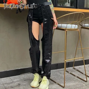 

TWOTWINSTYLE Sexy Hollow Out Straight Pants For Women High Waist Sequined Patchwork Slim Trousers Female Fashion 2020 Summer