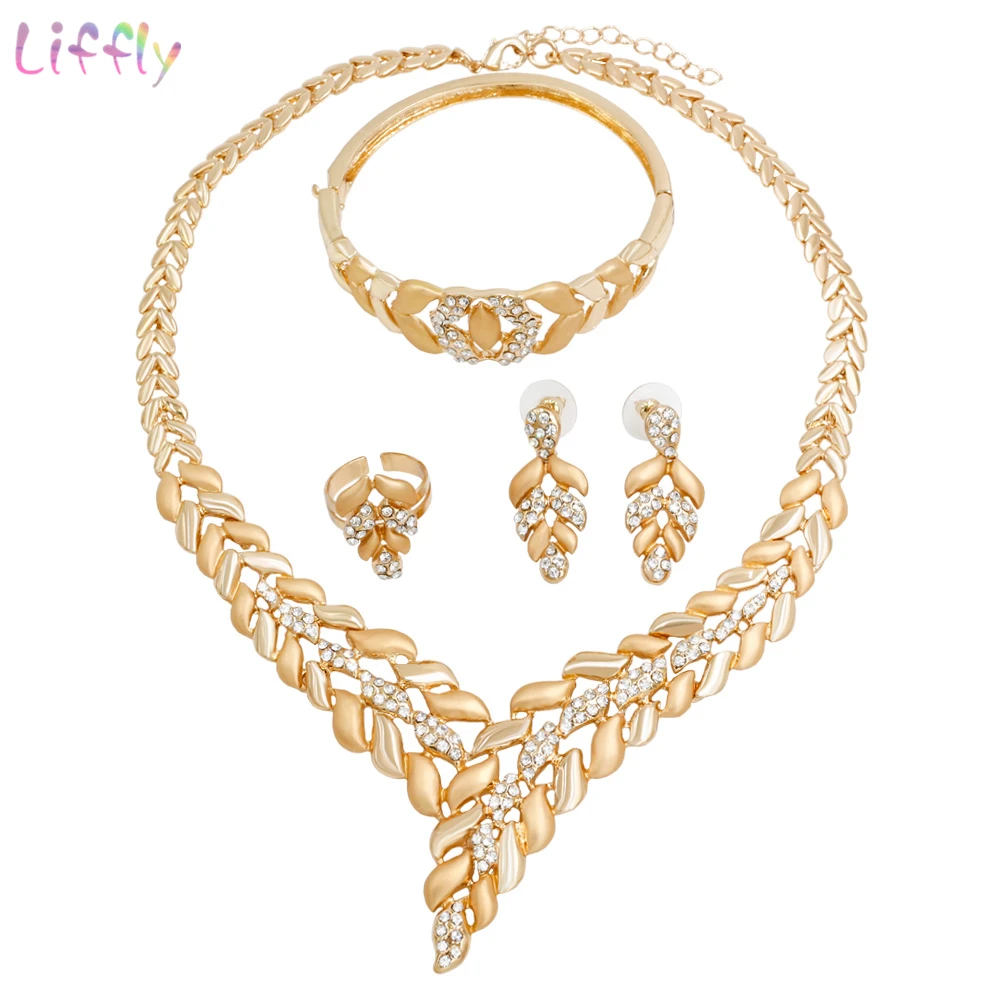 

Liffly Creative Wheat Shape Design Jewelry Sets Milan Fashion Crystal Necklace Bracelet Earrings Charm Women Party Accessories