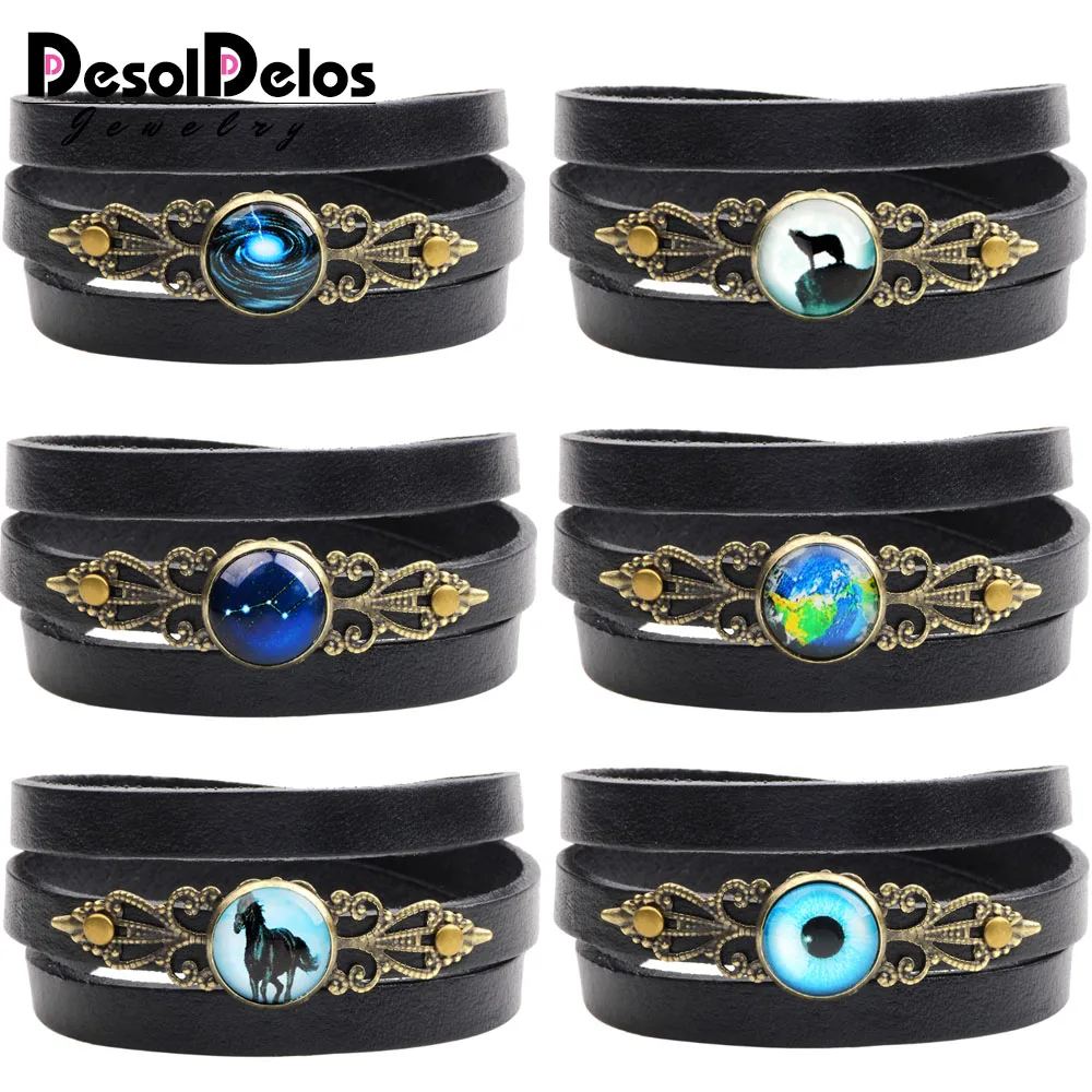 

2019 New Multilayer Wide Genuine Leather Cuff Bracelet Men Wristband Bohemian Vintage Feather Evil Eye Charm Bracelets