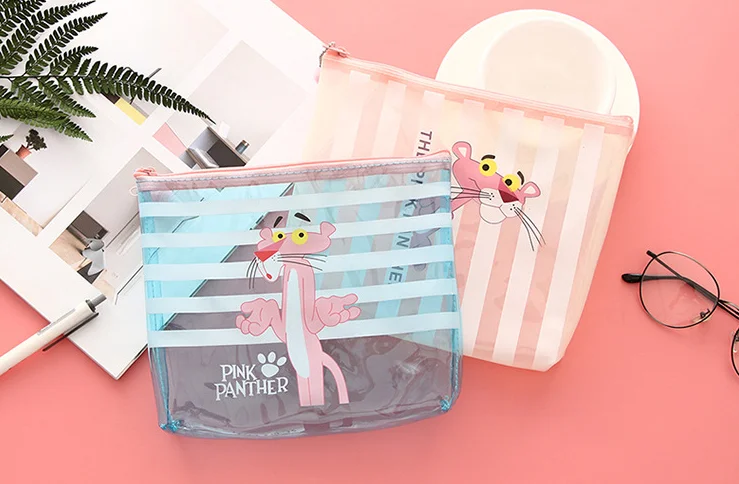 1 шт. Милая Розовая пантера прозрачная сумка для карандашей Канцелярия розовый Леопардовый карман на молнии косметичка