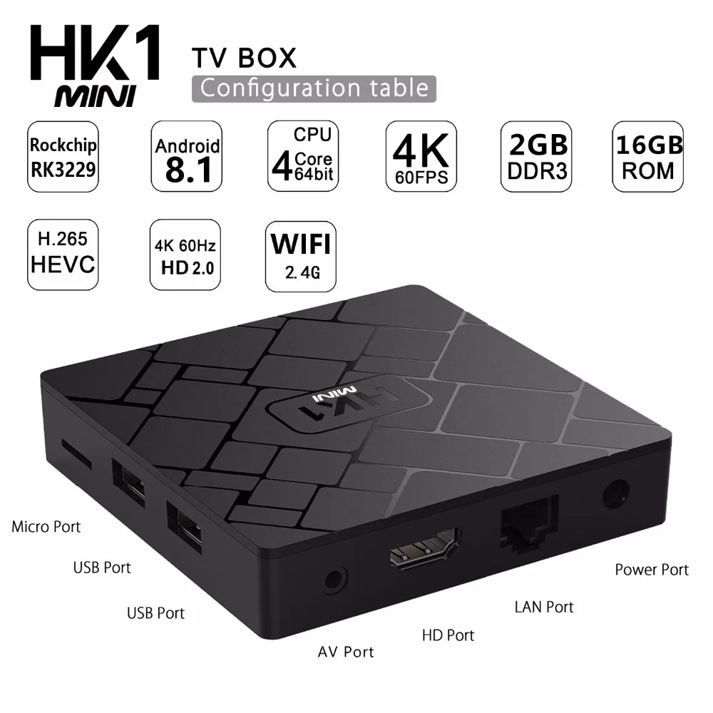 HK1 Mini Android 8.1 Smart TV BOX 2GB 16GB Rockchip RK3229 Quad Core WIFI H.265 HEVC 4K 3D Set Top Box Media Player HK1mini