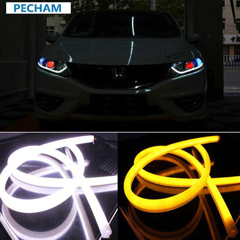 

PECHAM 2pcs 45cm Daytime Running Light Universial Flexible Soft Tube Guide Car LED Strip DRL White and Yellow Turn Signal Light