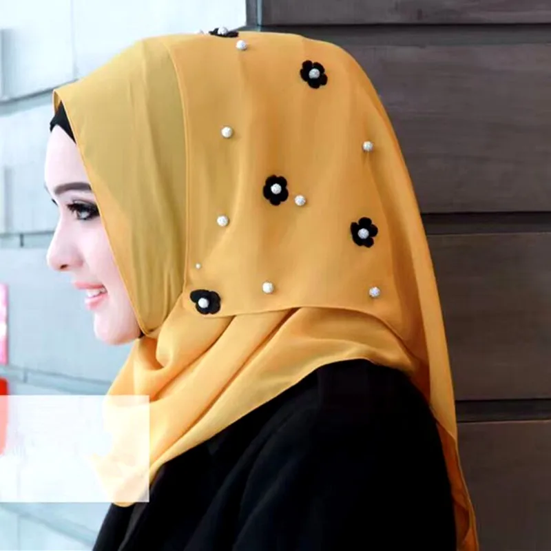 new women's chiffon flower printe pearls shawl flower headband muslim long hijabs underscarf caps,head coverings