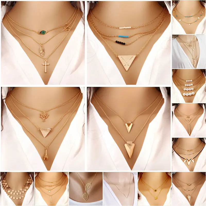 

2019 Summer Fashion Gold-Color Evil Eye 3 Layer Chain Bar Choker Necklace Beads and Long Strip Pendant Necklaces Jewelry Collier