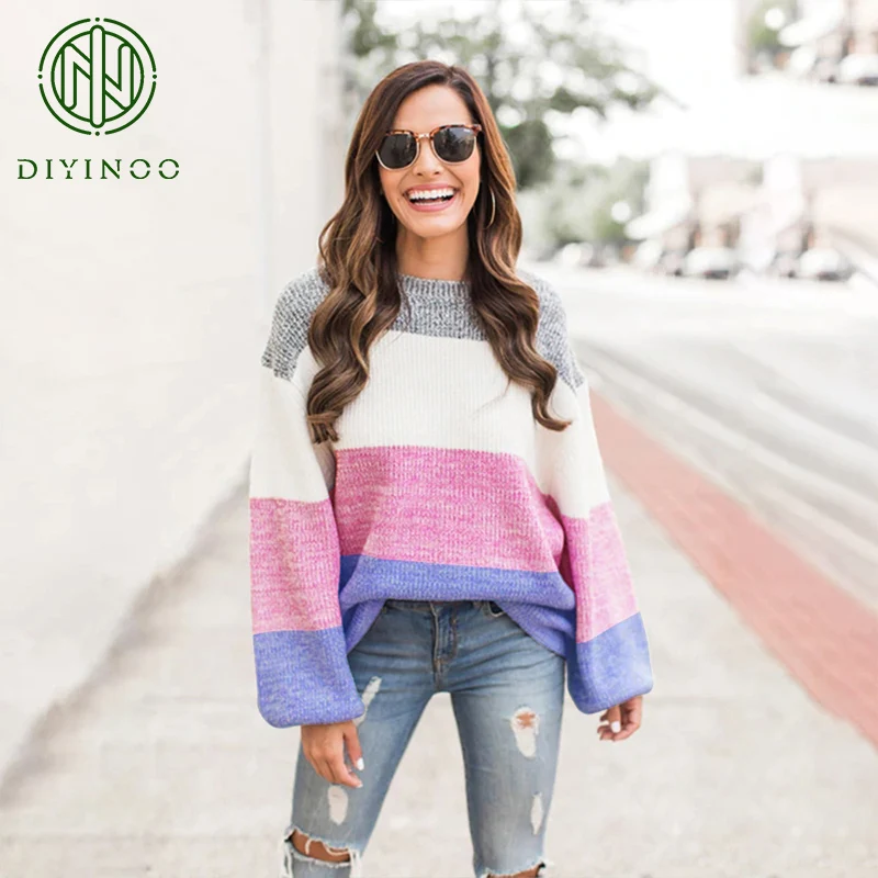 DIYINOO 2018 Autumn Winter Colorful Patchwork Long Lantern Sleeve O-Neck Knitted Pullovers OL Sweater S/M/L/XL Women's Sweaters | Женская