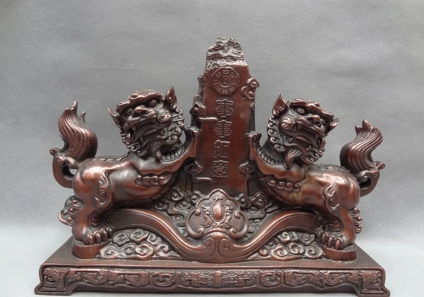 

song voge gem S5452 17" Chinese Pure Bronze Animals Trigram FengShui Lion Ball Pair On RuYi Statue
