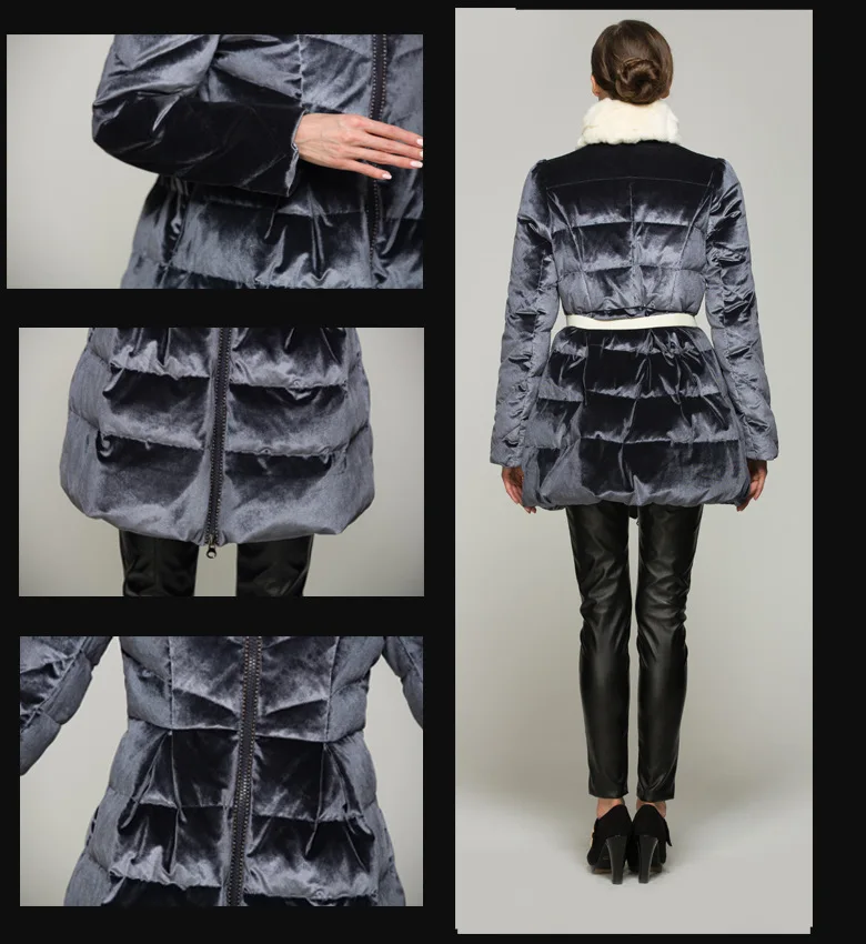 Зимняя куртка для женщин, новинка года, высококачественные роскошные бархатные длинные тонкие куртки с кроличьим меховым воротником для девочек, куртка-пуховик с подолом