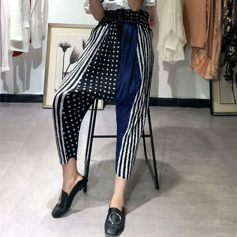 

Changpleat 2019 New spring summer loose Women Cross Pants Miyak Pleated Fashion Polka dot stripe Elastic waist Large Size Pants