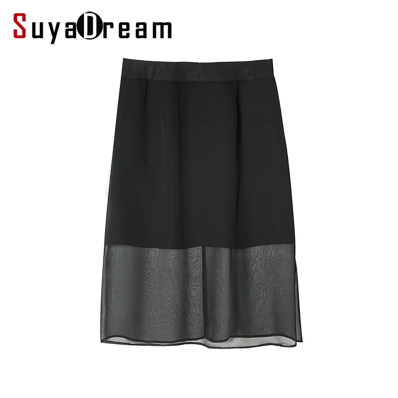 

Women Silk skirt 100%Real Silk Black fashion side Vent Two layers Skirts 2017 Summer New