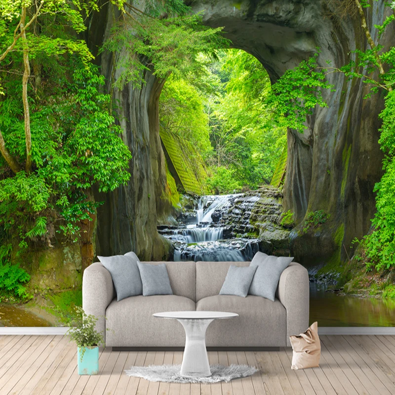 Пользовательские 3D фото обои фрески зеленый лес пещера пейзаж гостиная спальня фон Настенная роспись нетканые обои Декор
