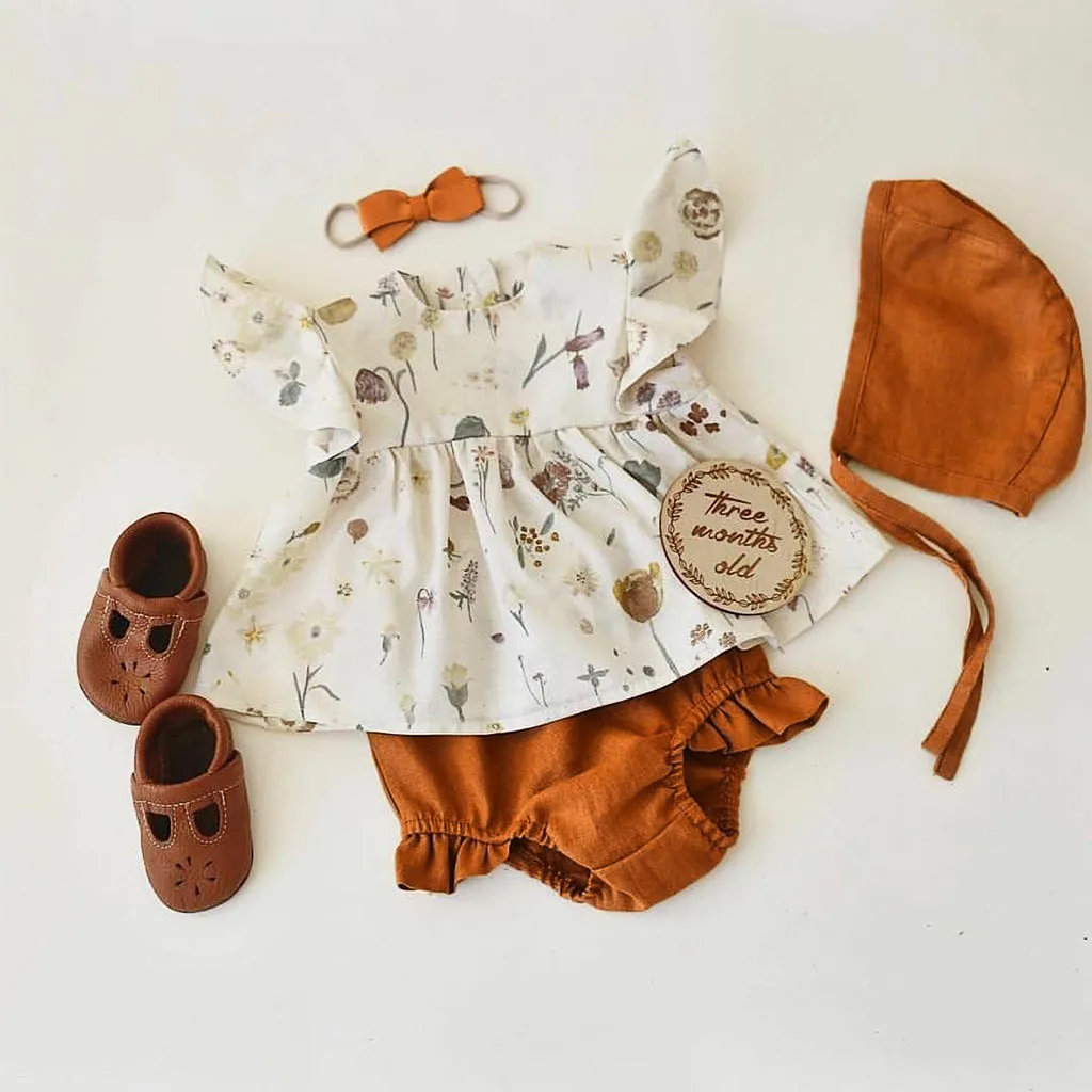 

4pc Toddler Baby Girls Baby Clothing Ruffled Print Tops + Ruched PP Shorts + Hair Band + Hat Outfit Sets MuqGew Newborn Clothes