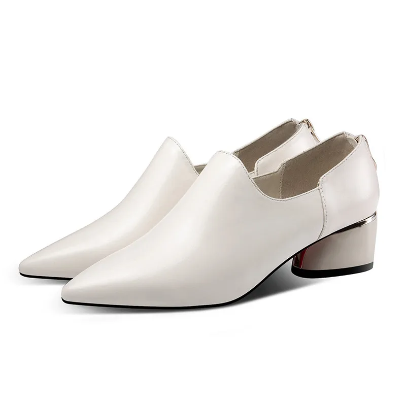YMECHIC/; туфли-лодочки из натуральной кожи на среднем каблуке; женская обувь; цвет черный, бежевый; женские офисные туфли с острым носком; женская обувь размера плюс - Цвет: Бежевый