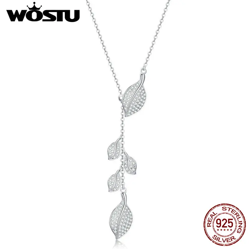 

WOSTU Classic Leaves Necklaces Real 100% 925 Sterling Silver Pendant For Women Long Chain Link Wedding Silver 925 Jewelry CTN075