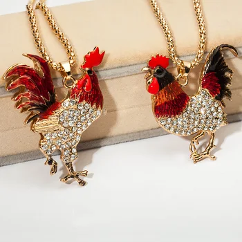 

6 Kinds Cock Hen Full Shiny Crystal Body Fancy Colors Feather Chicken Pendant Long Necklace for Women
