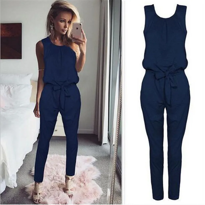 

Jumpsuit Women Ladies Summer Sleeveless Straps Pants Casual Trousers O-neck Solid Black Gray Blue Beach Work Clothes 2019
