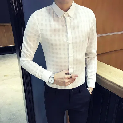 Рубашка с длинными рукавами для мужчин, сексуальная клетчатая рубашка, дизайнерская белая рубашка для мужчин, одежда для корейского выпускного вечера, черное платье, Social Chemise Homme 3XL - Цвет: White Plaid Shirt