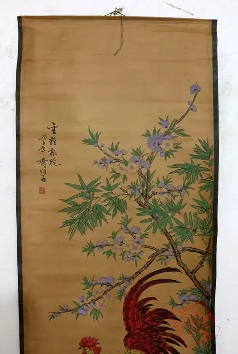 Редкий Старый Китайский QingDyansty Прокрутки живопись, петух, изысканный дизайн, Ручная резьба, Древний