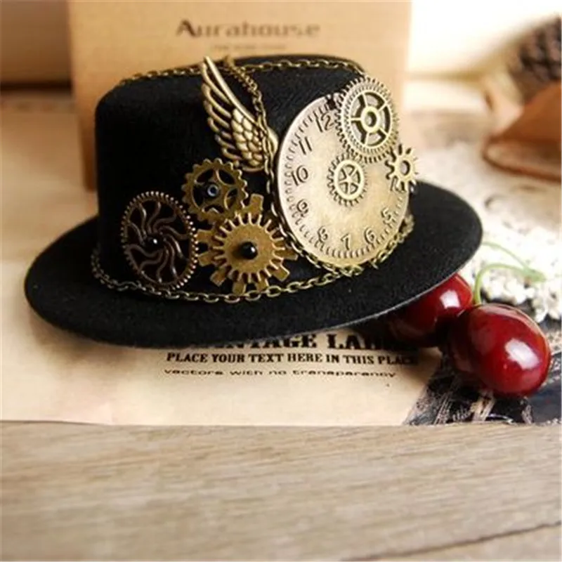 

Takerlama Gothic Geer Wing Chain Girl Head Wear Retro Women Hairclip Steampunk Mini Top Hat Lolita Cosplay Fedoras Hat Party Hat