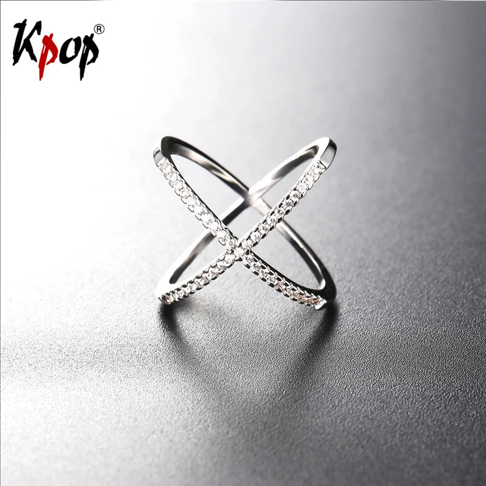 

Kpop Cubic Zirconia Cross/Intersect Two Rings For Men/Women Wholesale Yellow Gold/Silver Color Jewelry With Gift Box Ring R2562