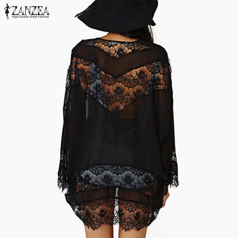 Plus Size ZANZEA Women 2019 Casual Vintage Kimono Cardigan Lace Crochet Chiffon Loose Blouse Tops Beach Beige Black White