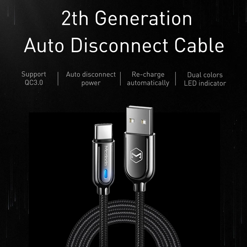 Mcdodo usb type C 3A Быстрая зарядка Авто отсоединить кабель для samsung Galaxy S10 S9 xiaomi redmi note 7 зарядное устройство кабель для передачи данных USB C