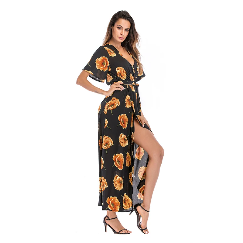 2018 Summer Print Sexy Lace Up V-Neck Women Maxi Dresses Summer Split Backless Beach Vestidos Boho Ankle-Length Dress Dresses