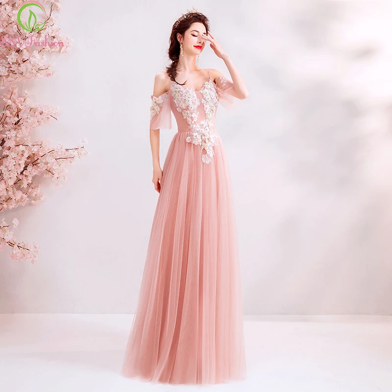 Женское вечернее платье до пола SSYFashion розовое кружевное бальное с аппликацией из