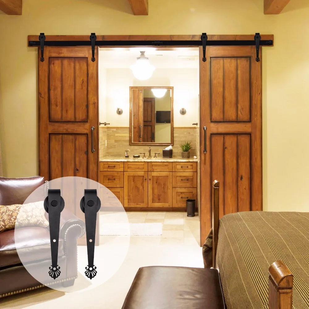 

LWZH 16FT/18FT/20FT Country Style Sliding Barn Door Hardware Kit Black Crown Shaped Rail Track Rollers for Sliding Double Door