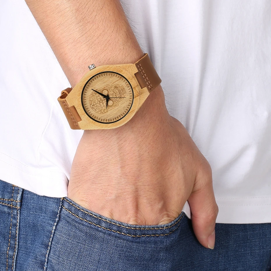 Punk Skull Ghost Wood Watch Man Retro Fashion Bamboo Wood Leather Band Quartz Watch for Men Clock Male Gifts Quartz Reloj Hombre 2020  2019 (10)